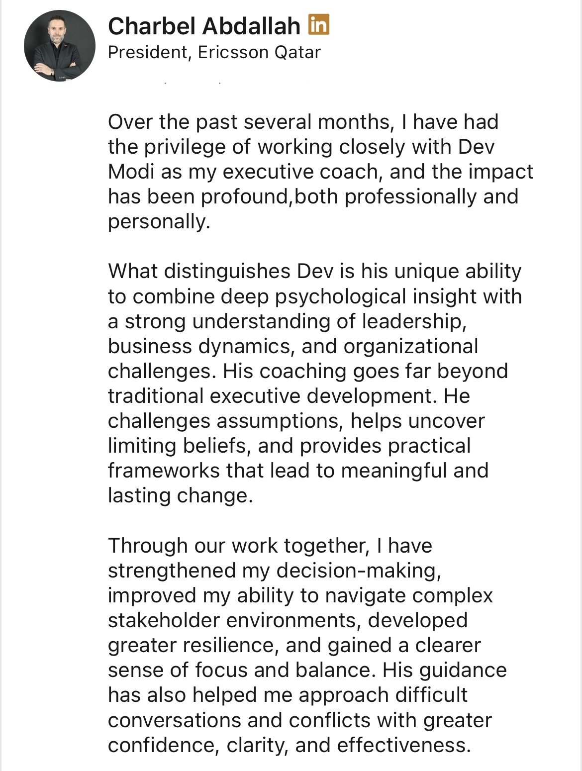 LinkedIn recommendation for Dev Modi from Charbel Abdallah