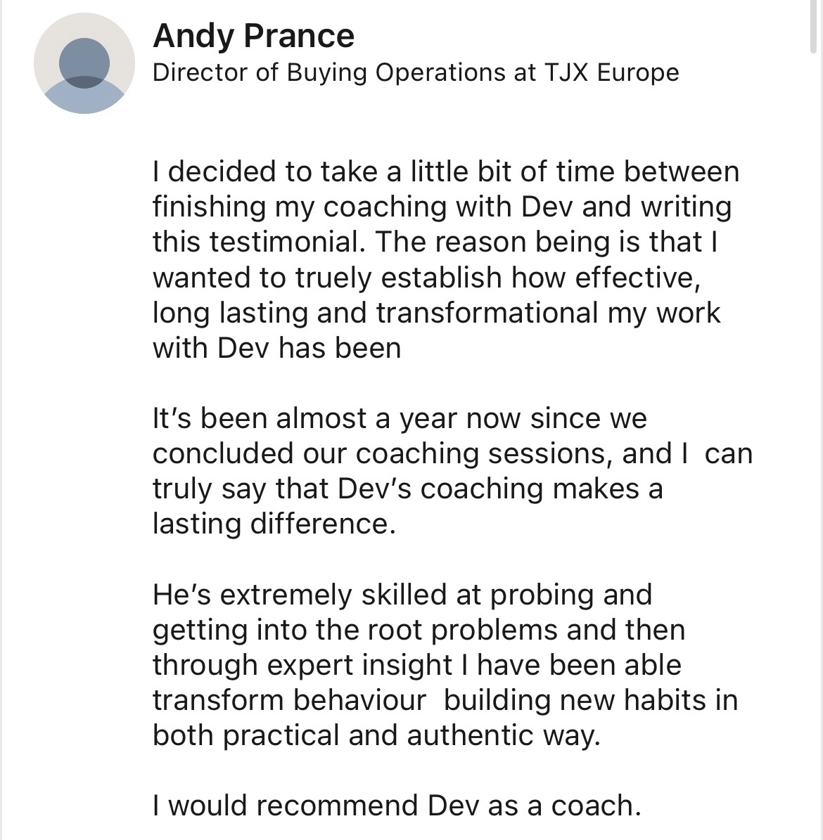 LinkedIn recommendation for Dev Modi from Andy Prance