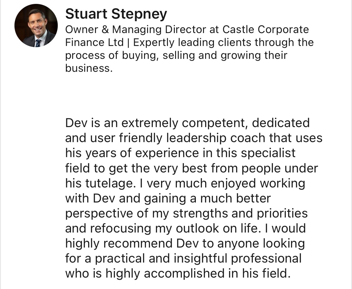 LinkedIn recommendation for Dev Modi from Stuart Stepney