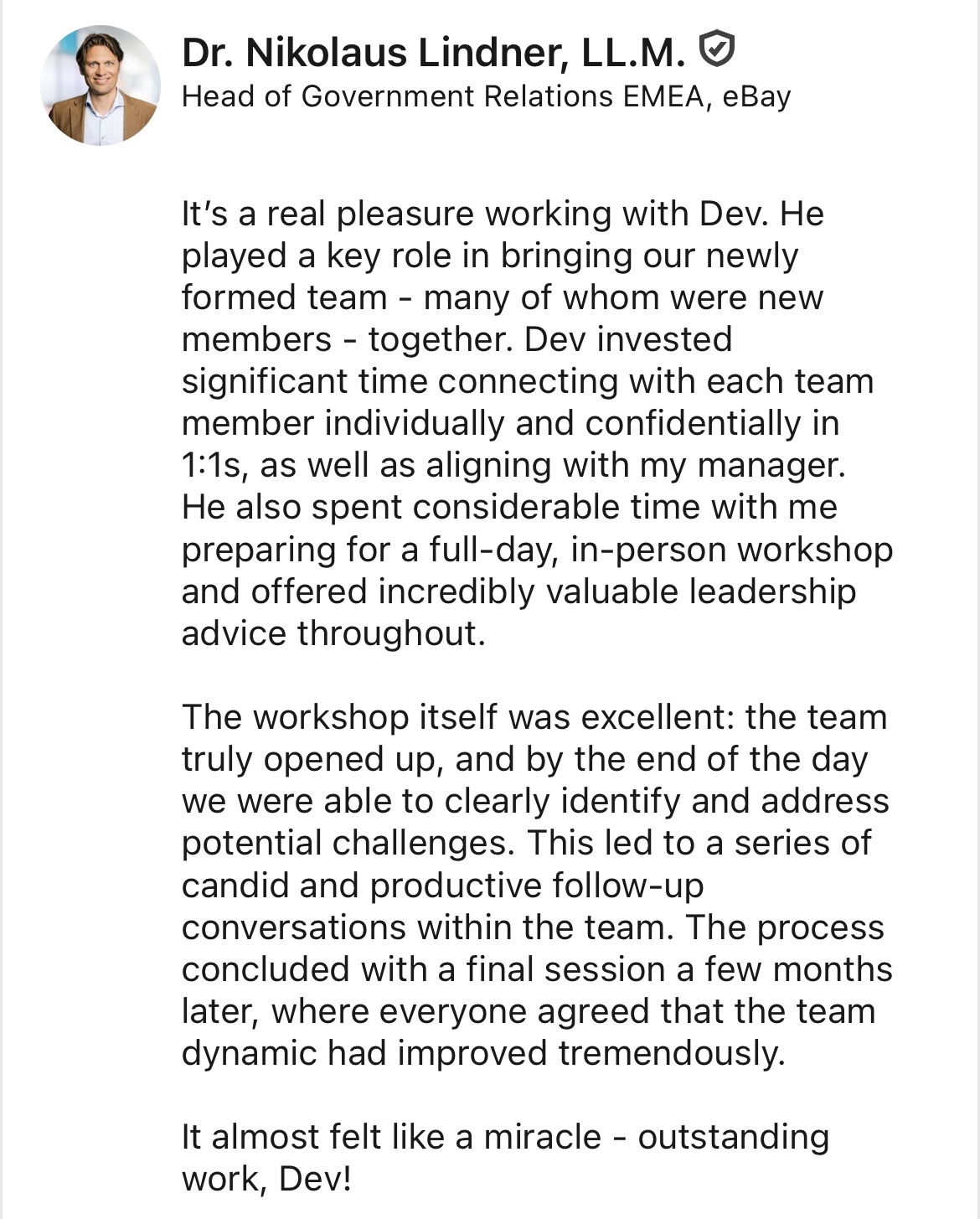 LinkedIn recommendation for Dev Modi from Dr. Nikolaus Lindner