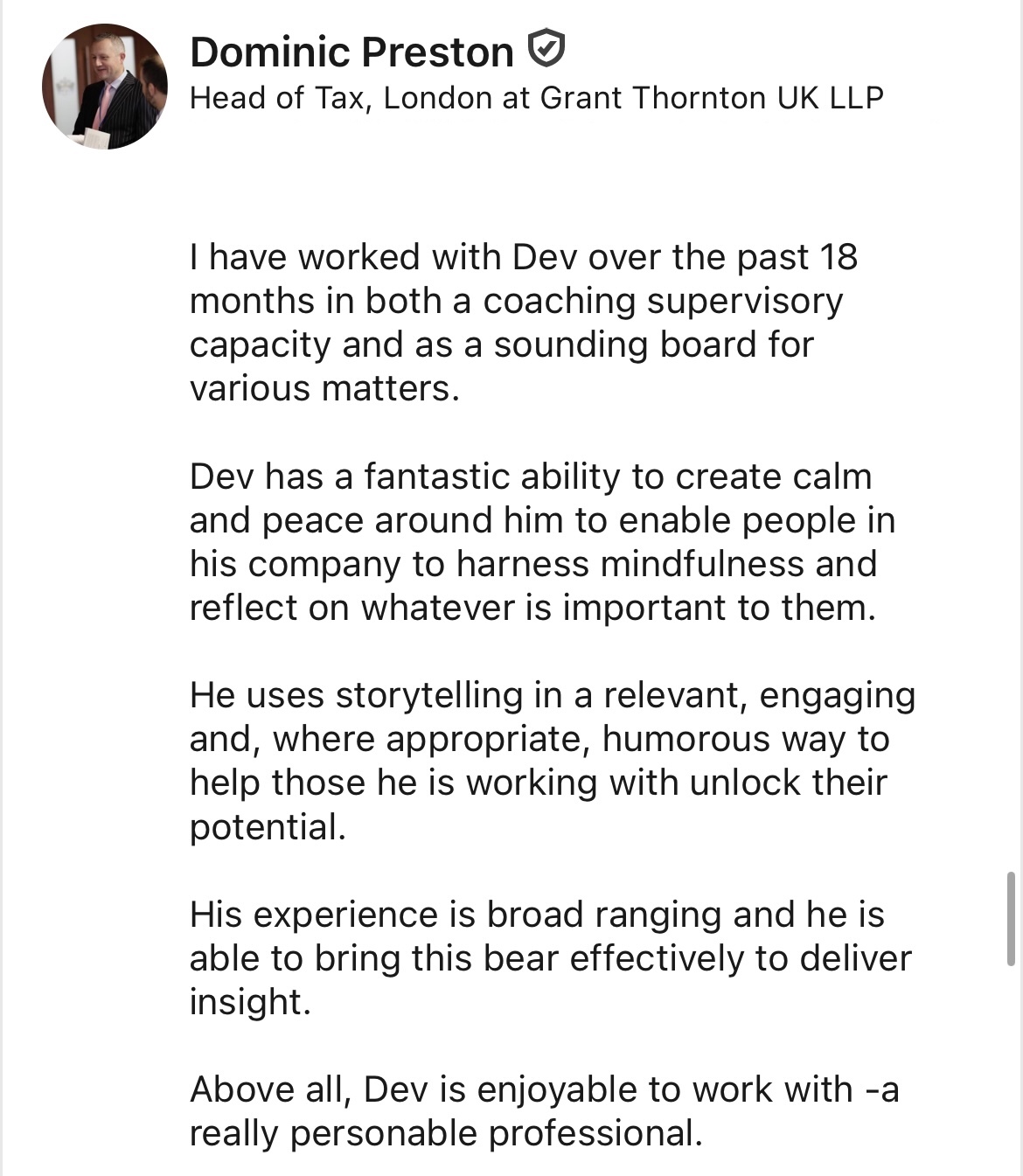 LinkedIn recommendation for Dev Modi from Dominic Preston